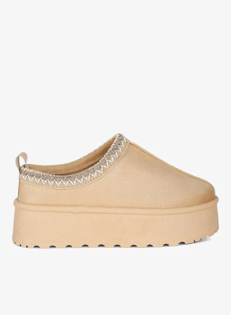 Beige Embroidered Platform Fur Classic Slip-On