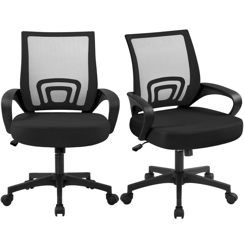 Yaheetech Office Chair Mid Back Swivel Lumbar Support Desk Chair Height Adjustable Computer Ergonomic Mesh Chair with Armrest Black 2Pack