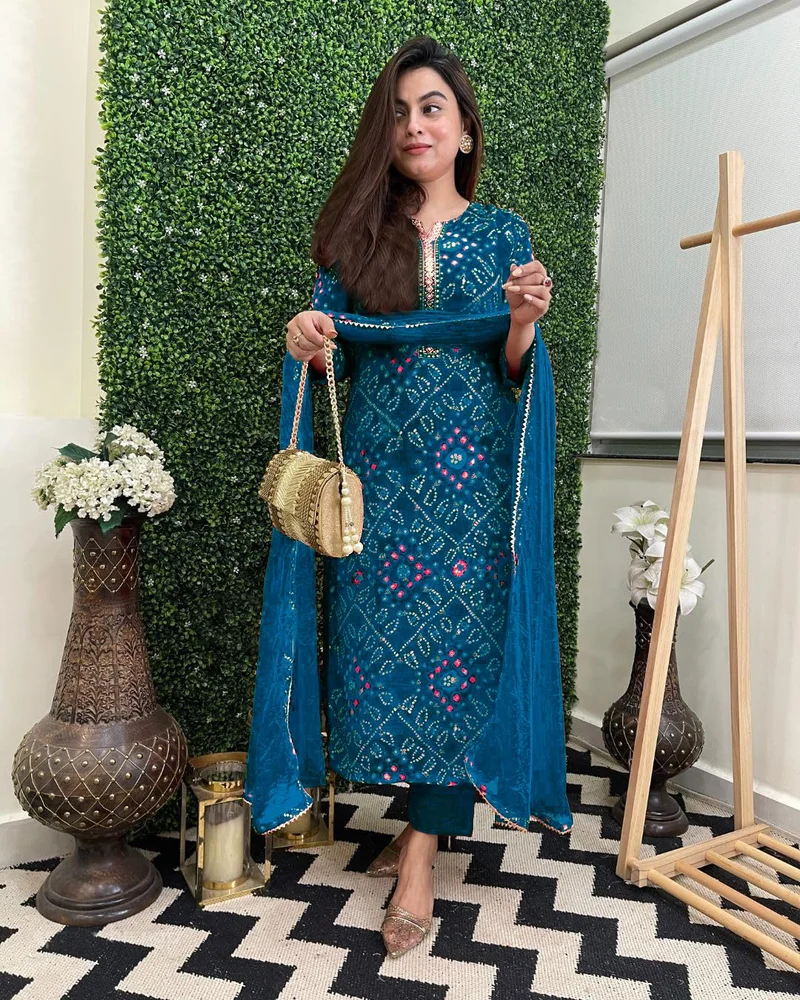 GoSriKi Women's Rayon Blend Straight Printed Kurta with Pant & Dupatta Dark Blue