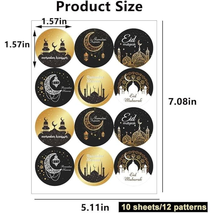 120PCS ISLAMIC RAMADAN & EID STICKERS, PAPER, BLACK, ROUND, STAR PATTERN, TRADITIONAL STYLE, SUITABLE FOR SMOOTH SURFACES, FESTIVAL STICKERS - Image 3