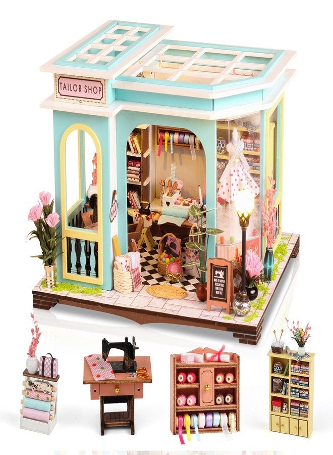 FLYNOVA DIY Miniature House Kit,Tailor Shop Dollhouse Miniature Kit with LED & Furniture,Mini Diorama House Building Kit for Adults,3D Wooden Craft Tiny House Mini Model Kit,Home Decor Family Birthday Gifts - Image 1