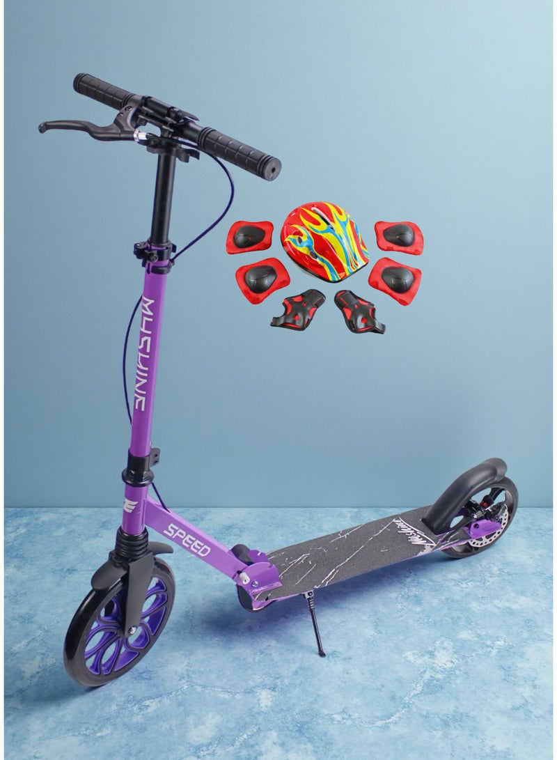 إيزي فيتشور سكوتر ركل قابل للتعديل من إيزي فيوتشر للأطفال من سن 7 إلى 14 عامًا، تصميم قابل للطي مع عجلات كبيرة ومقبض وفرامل قدم خلفية، بما في ذلك مجموعة معدات الحماية الكاملة - Image 1