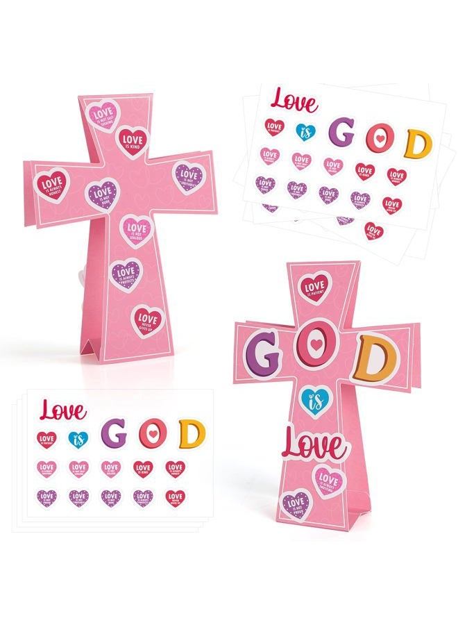 Yewfold 24Pcs Valentine's Day Craft Kit, Valentine's Day Pink DIY Cross Craft Make Your Own 3D Teacher Appreciation Thankful Love Gift Set Home Fun Activities (Cross) - Image 1