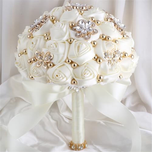 TUAGYMKR Bridal Wedding Bouquet for Bride Bridesmaid Wedding Quinceanera Throw Toss Artificial Rose Flower Bunch with Bling Brooch (66#Ivory, Mini (Dia. 6.3"/16cm)) - Image 3