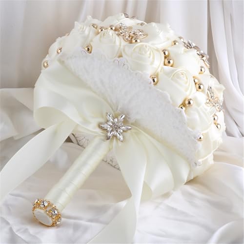 TUAGYMKR Bridal Wedding Bouquet for Bride Bridesmaid Wedding Quinceanera Throw Toss Artificial Rose Flower Bunch with Bling Brooch (66#Ivory, Mini (Dia. 6.3"/16cm)) - Image 5