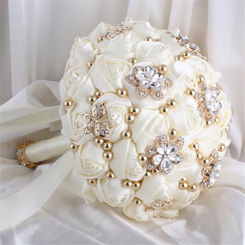 TUAGYMKR Bridal Wedding Bouquet for Bride Bridesmaid Wedding Quinceanera Throw Toss Artificial Rose Flower Bunch with Bling Brooch (66#Ivory, Mini (Dia. 6.3"/16cm)) - Image 4