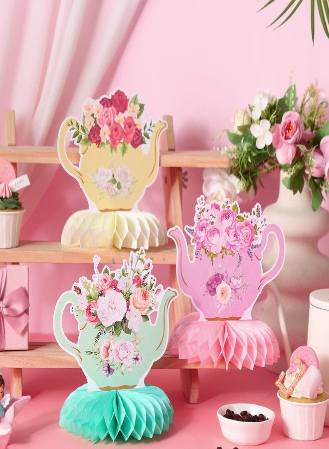 Jexine 9 Pcs Tea Party Centerpieces for Tables Princess Floral Teapot Honeycomb Decorations Tea Party Table Decor Teapot Decors for Summer Birthday Baby Shower Wedding Supplies (Classic Style) - Image 2
