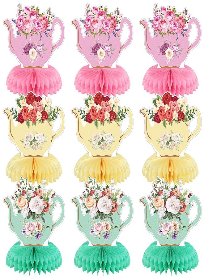 Jexine 9 Pcs Tea Party Centerpieces for Tables Princess Floral Teapot Honeycomb Decorations Tea Party Table Decor Teapot Decors for Summer Birthday Baby Shower Wedding Supplies (Classic Style) - Image 1