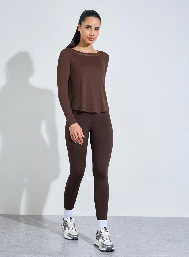 Styli Active Brown Long Sleeve Active Top With Mesh Neck Detail