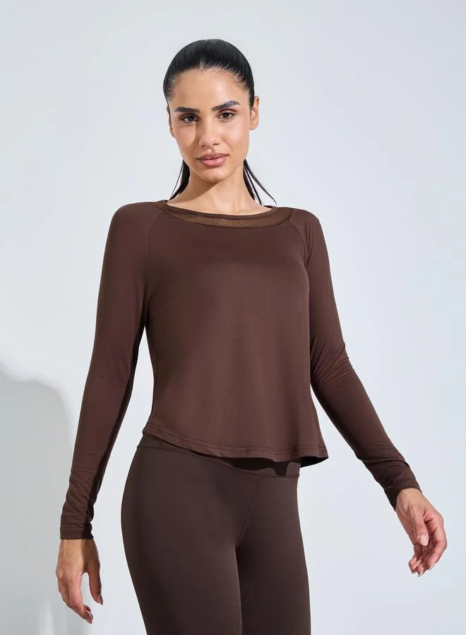 Styli Active Brown Long Sleeve Active Top With Mesh Neck Detail