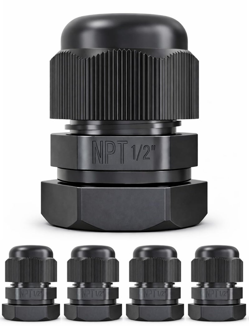 MGI SpeedWare 1/2" NPT Strain Relief Nylon Cord Grip Cable Glands, Black Plastic Grommet 5-Pack - Image 1