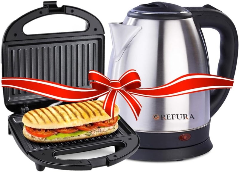 KLIKON KGT-810 + RE-11601 2 Slice Non-Stick Sandwich/Pannini Press Grill with Refura 1500W Electric Water Kettle, Black/Silver - Image 1