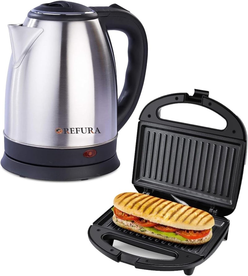 KLIKON KGT-810 + RE-11601 2 Slice Non-Stick Sandwich/Pannini Press Grill with Refura 1500W Electric Water Kettle, Black/Silver - Image 4