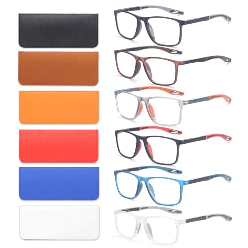 BLOEXCLU 6 Pack Reading Glasses for Men Sports Style Blue Light Blocking Readers with Spring Hinge Women Eyeglasses (Black & red & Brown & Orange & Blue & transparent, 2.25, x) - Image 1