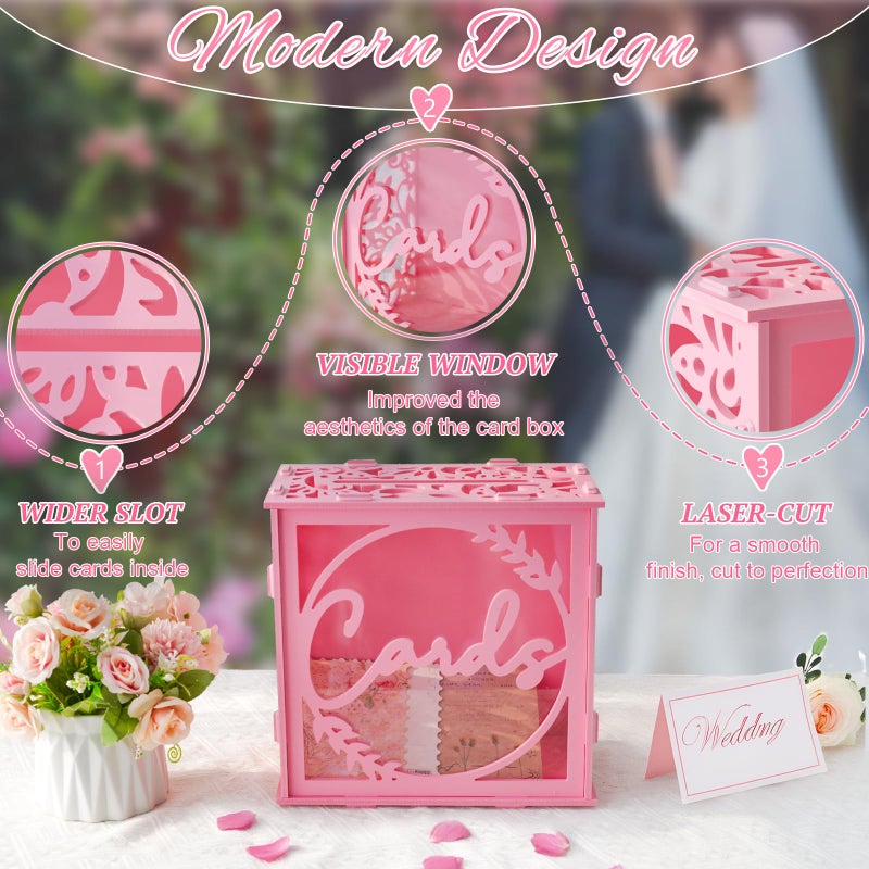 OurWarm Pink Wedding Card Box with Acrylic Window, Elegant PVC Gift Card Box for Weddings Decorations for Reception, Index Wedding Card Boxes for Reception Anniversary Bridal Shower Birthday Decor - Image 4