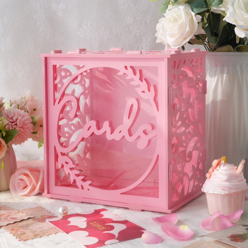 OurWarm Pink Wedding Card Box with Acrylic Window, Elegant PVC Gift Card Box for Weddings Decorations for Reception, Index Wedding Card Boxes for Reception Anniversary Bridal Shower Birthday Decor - Image 1