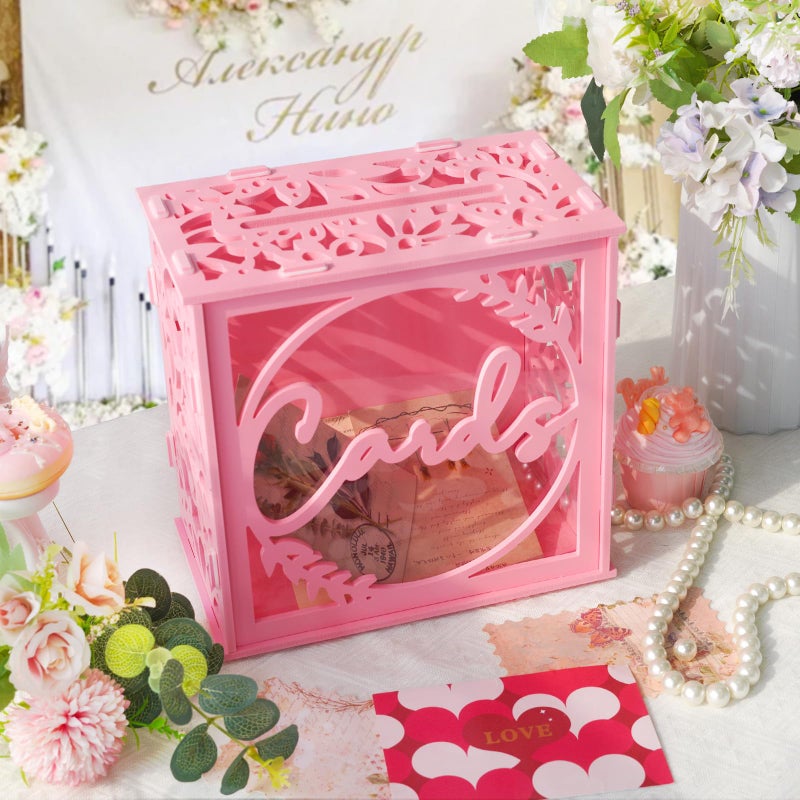 OurWarm Pink Wedding Card Box with Acrylic Window, Elegant PVC Gift Card Box for Weddings Decorations for Reception, Index Wedding Card Boxes for Reception Anniversary Bridal Shower Birthday Decor - Image 3