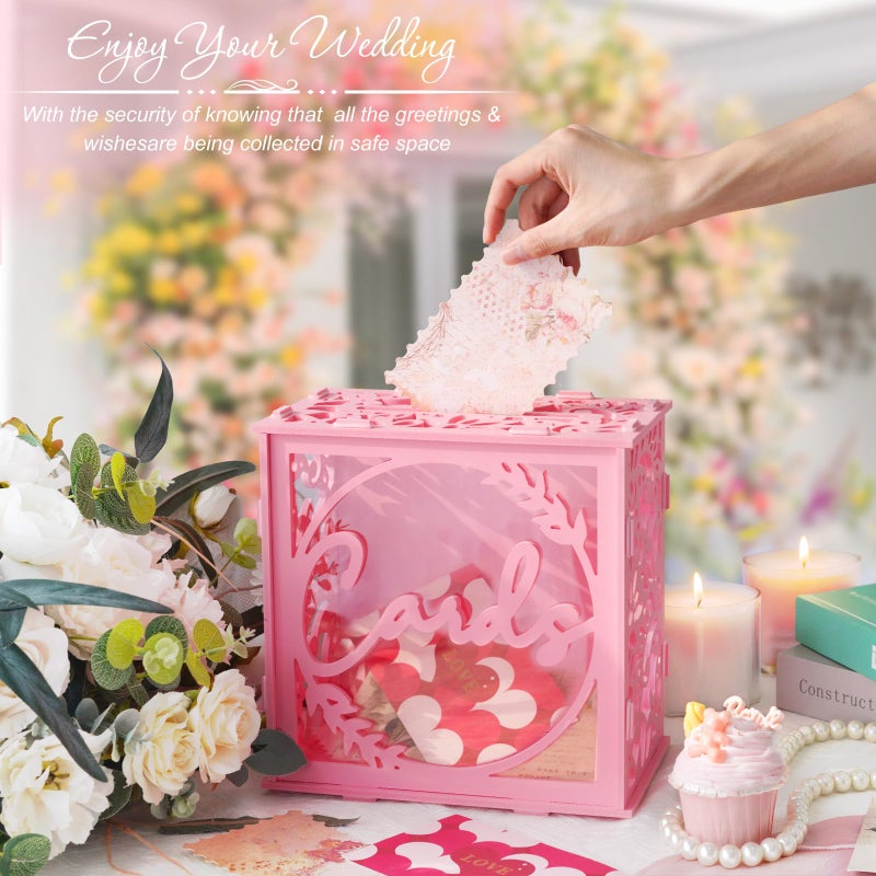OurWarm Pink Wedding Card Box with Acrylic Window, Elegant PVC Gift Card Box for Weddings Decorations for Reception, Index Wedding Card Boxes for Reception Anniversary Bridal Shower Birthday Decor - Image 5
