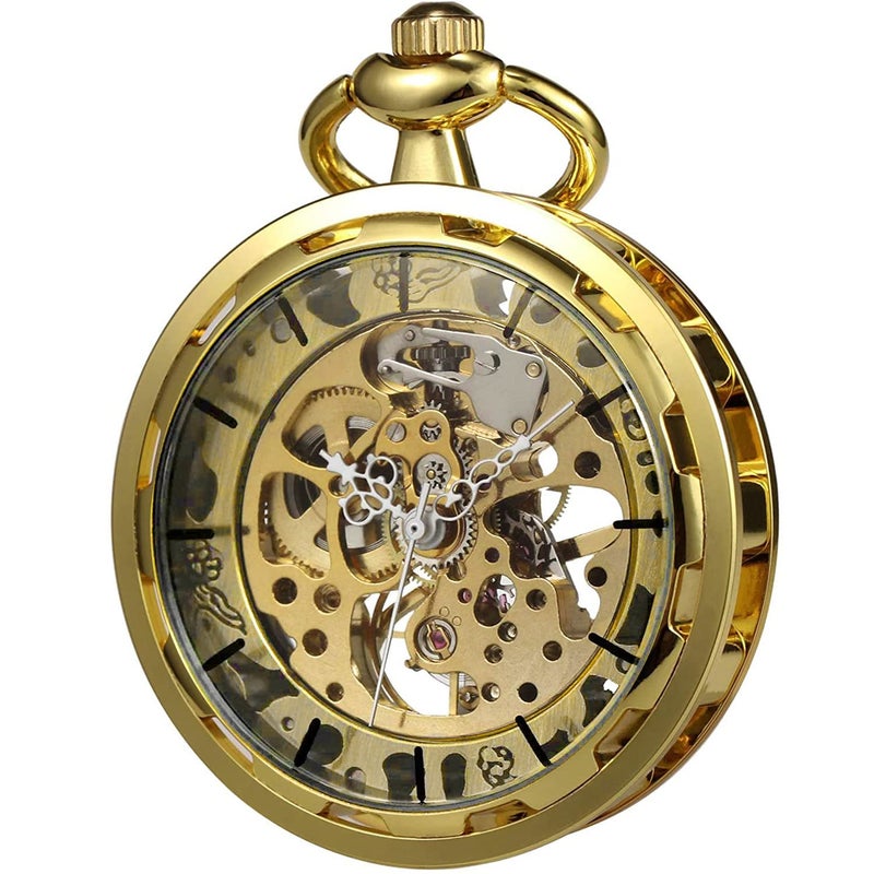 VIGOROSO Mens Steampunk Pocket Watch with Chain Skeleton Manual Hand Wind Mechanical Watches for Men Gift for Husband - Image 2