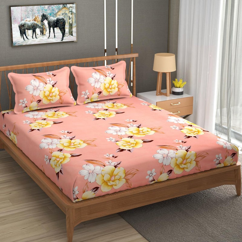 ohello Waterproof Printed Bedsheet for Double Bed Elastic Fitted Cotton bedsheets King Size Waterproof Bedsheet As Mattress Protector with 2 Pillow Covers 72 x 78 x 8 Inches FloralPeach Yellow - Image 1
