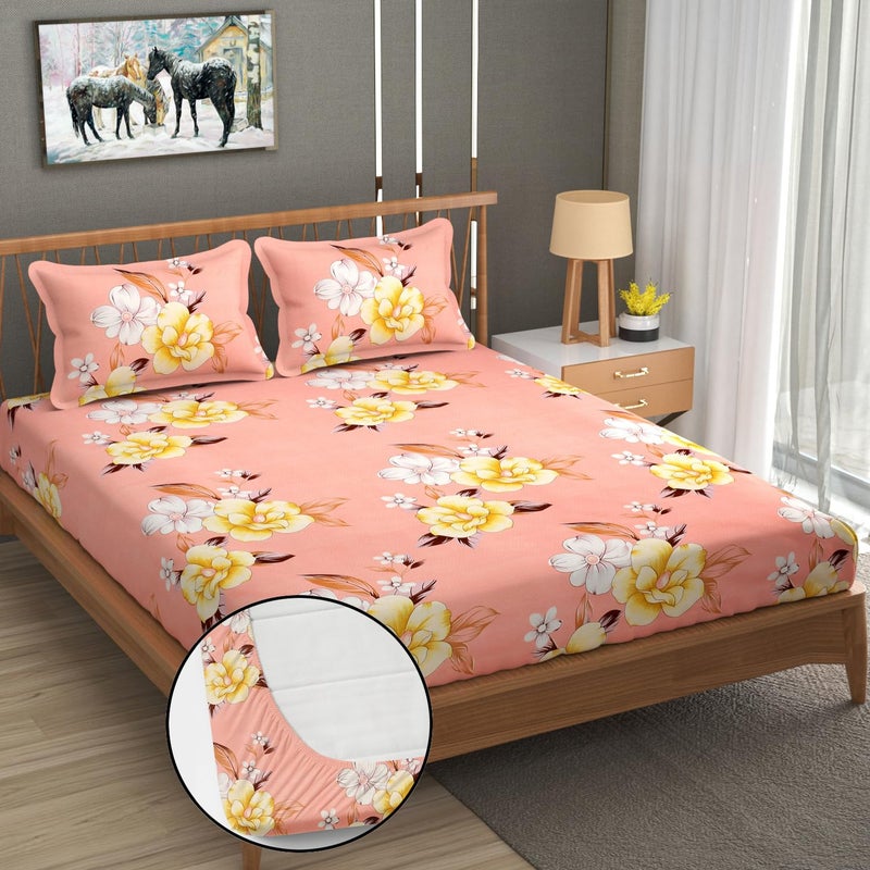 ohello Waterproof Printed Bedsheet for Double Bed Elastic Fitted Cotton bedsheets King Size Waterproof Bedsheet As Mattress Protector with 2 Pillow Covers 72 x 78 x 8 Inches FloralPeach Yellow - Image 2