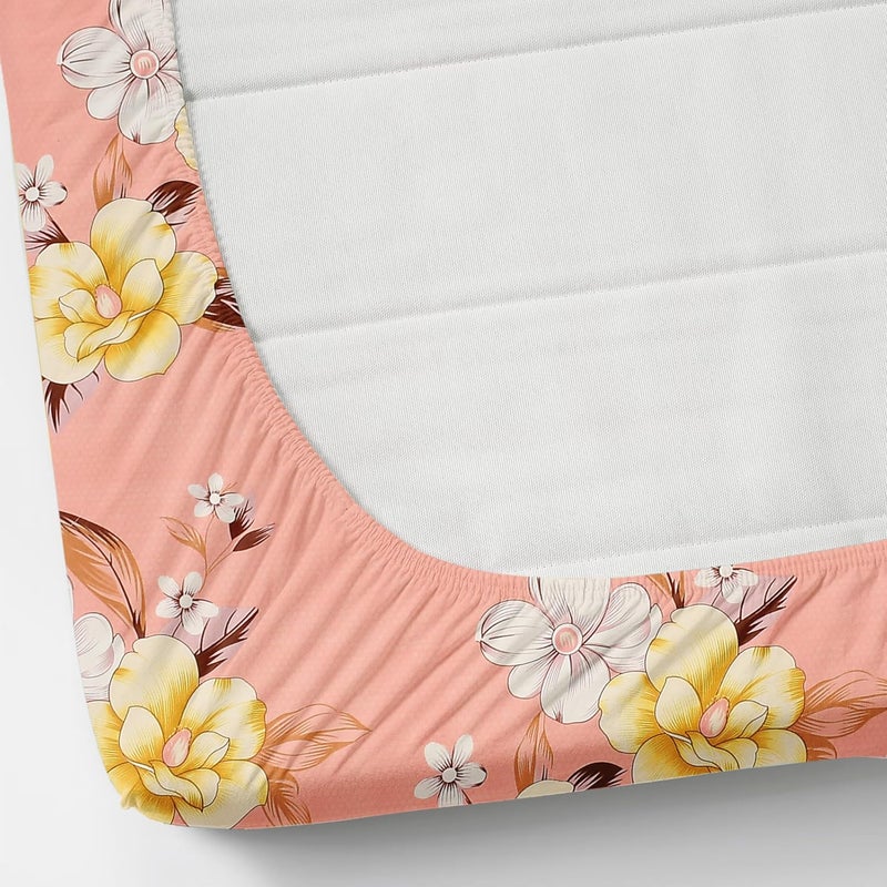 ohello Waterproof Printed Bedsheet for Double Bed Elastic Fitted Cotton bedsheets King Size Waterproof Bedsheet As Mattress Protector with 2 Pillow Covers 72 x 78 x 8 Inches FloralPeach Yellow - Image 4
