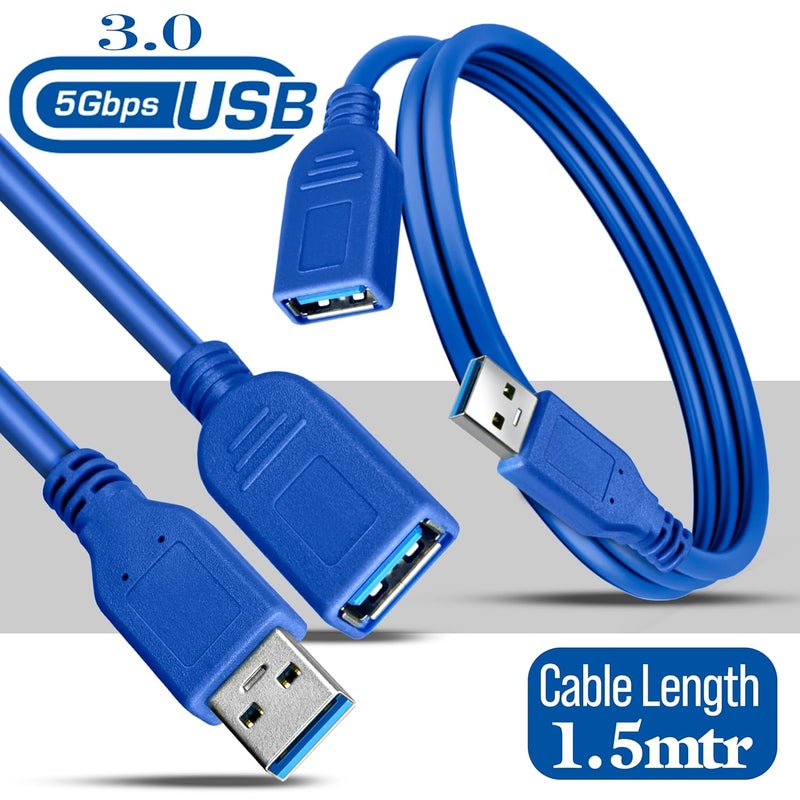 Storite حزمة 2 كابل تمديد USB 3.0 ذكر إلى أنثى عالي السرعة 5Gbps لنقل البيانات للوحة المفاتيح، الفأرة، محرك الفلاش، القرص الصلب، الطابعة والمزيد (أزرق - 1.5 م) - Image 2