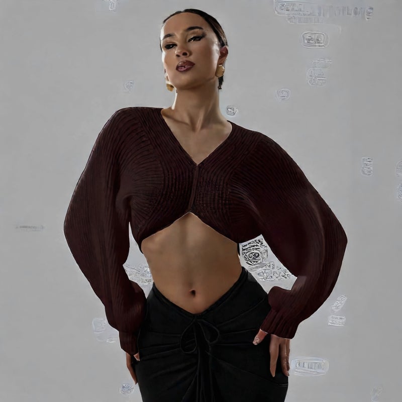 Sexy V-Neck Cropped Knit Sweater - Image 3