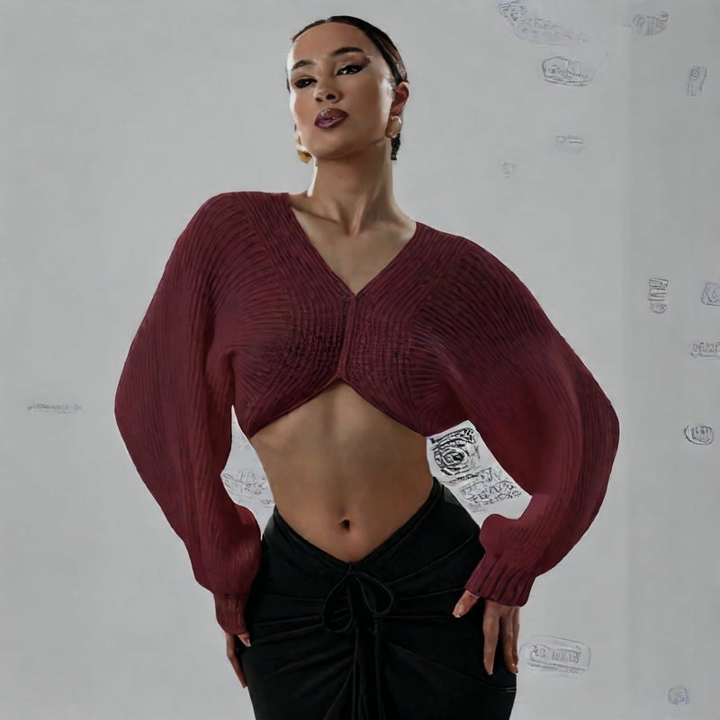 Sexy V-Neck Cropped Knit Sweater - Image 2