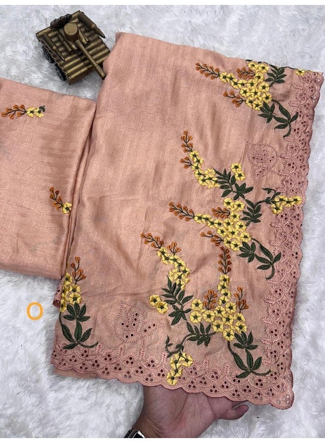 Women's Beautiful Multi Thread Embroidered Cut Work Border Tusser Cotton Floral Saree With Blouse (Peach)  - Image 3