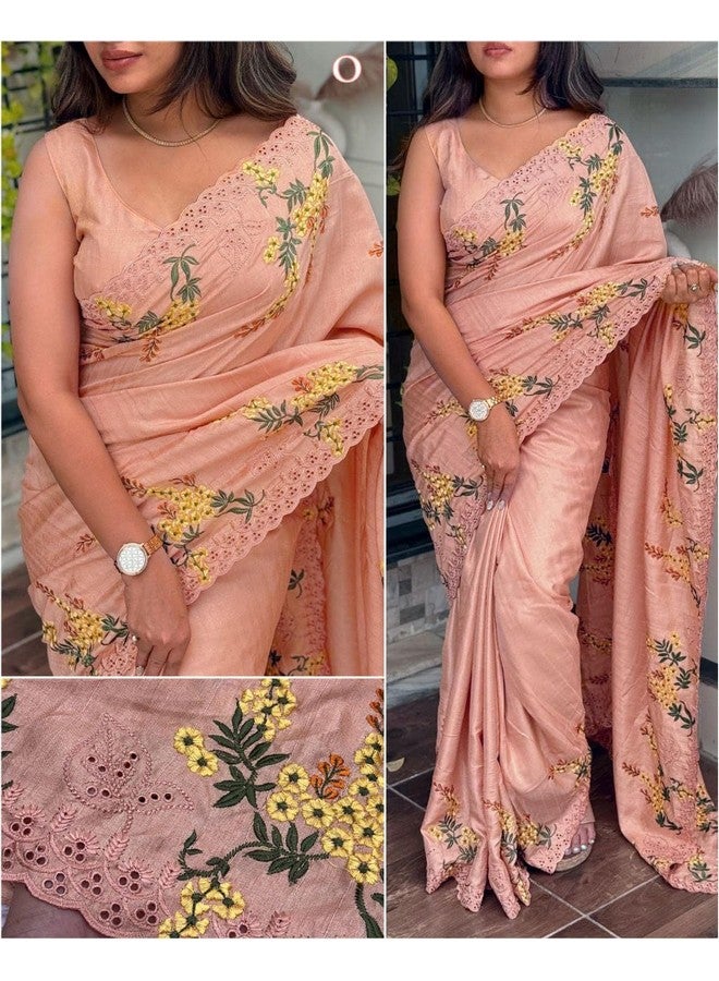 Women's Beautiful Multi Thread Embroidered Cut Work Border Tusser Cotton Floral Saree With Blouse (Peach)  - Image 2