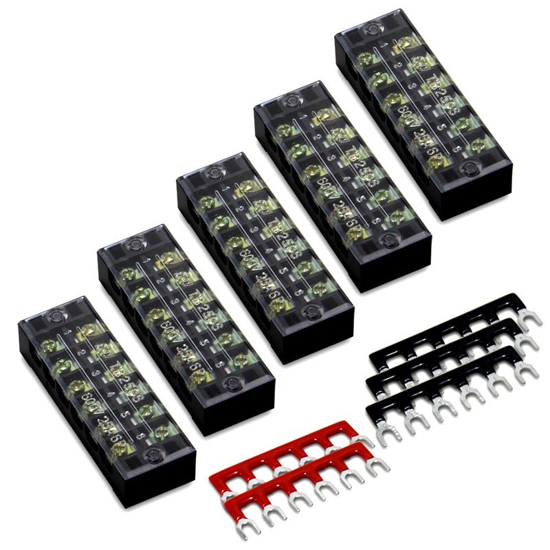 MILAPEAK 10pcs (5 Sets) 6 Positions Dual Row 600V 25A Screw Terminal Strip Blocks with Cover + 400V 25A 6 Positions Pre-Insulated Terminals Barrier Strip (Black & Red) - Image 1