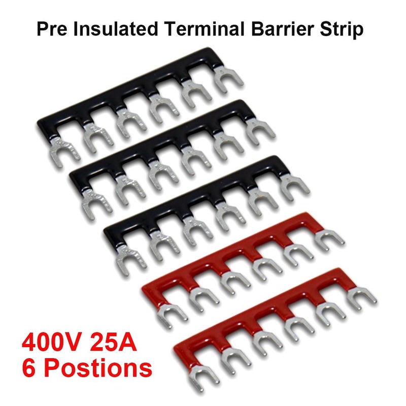 MILAPEAK 10pcs (5 Sets) 6 Positions Dual Row 600V 25A Screw Terminal Strip Blocks with Cover + 400V 25A 6 Positions Pre-Insulated Terminals Barrier Strip (Black & Red) - Image 5