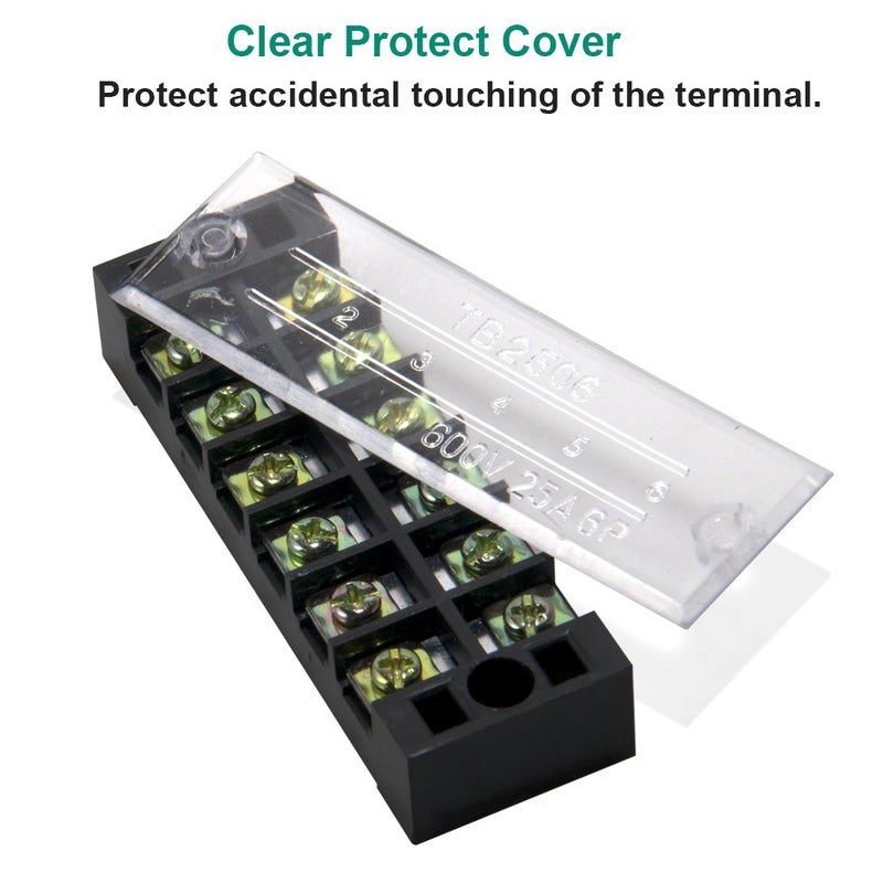 MILAPEAK 10pcs (5 Sets) 6 Positions Dual Row 600V 25A Screw Terminal Strip Blocks with Cover + 400V 25A 6 Positions Pre-Insulated Terminals Barrier Strip (Black & Red) - Image 3