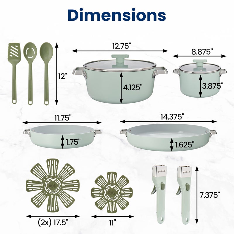 GoodCook Ceramic Cookware Set 14-Piece with Removable Handles, Nonstick Pots & Pans, Induction & Oven Safe, Sage Green - Image 5