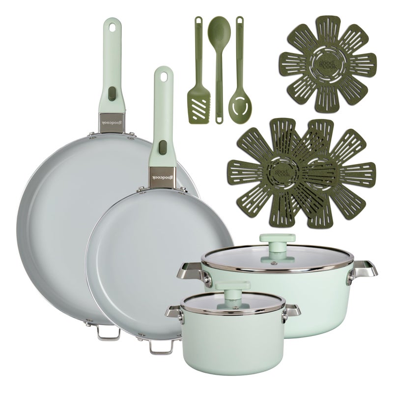 GoodCook Ceramic Cookware Set 14-Piece with Removable Handles, Nonstick Pots & Pans, Induction & Oven Safe, Sage Green - Image 1