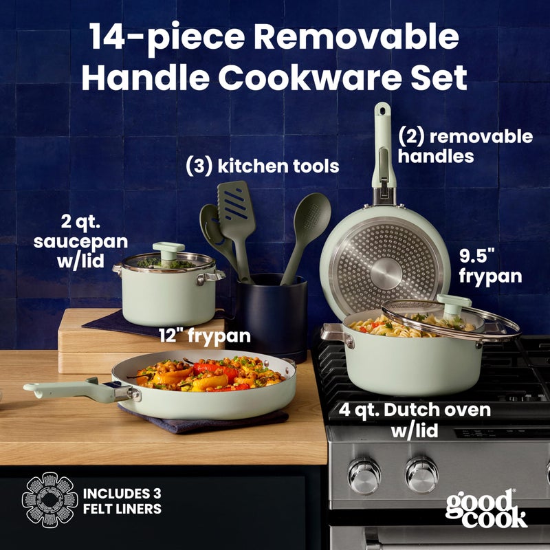 GoodCook Ceramic Cookware Set 14-Piece with Removable Handles, Nonstick Pots & Pans, Induction & Oven Safe, Sage Green - Image 2