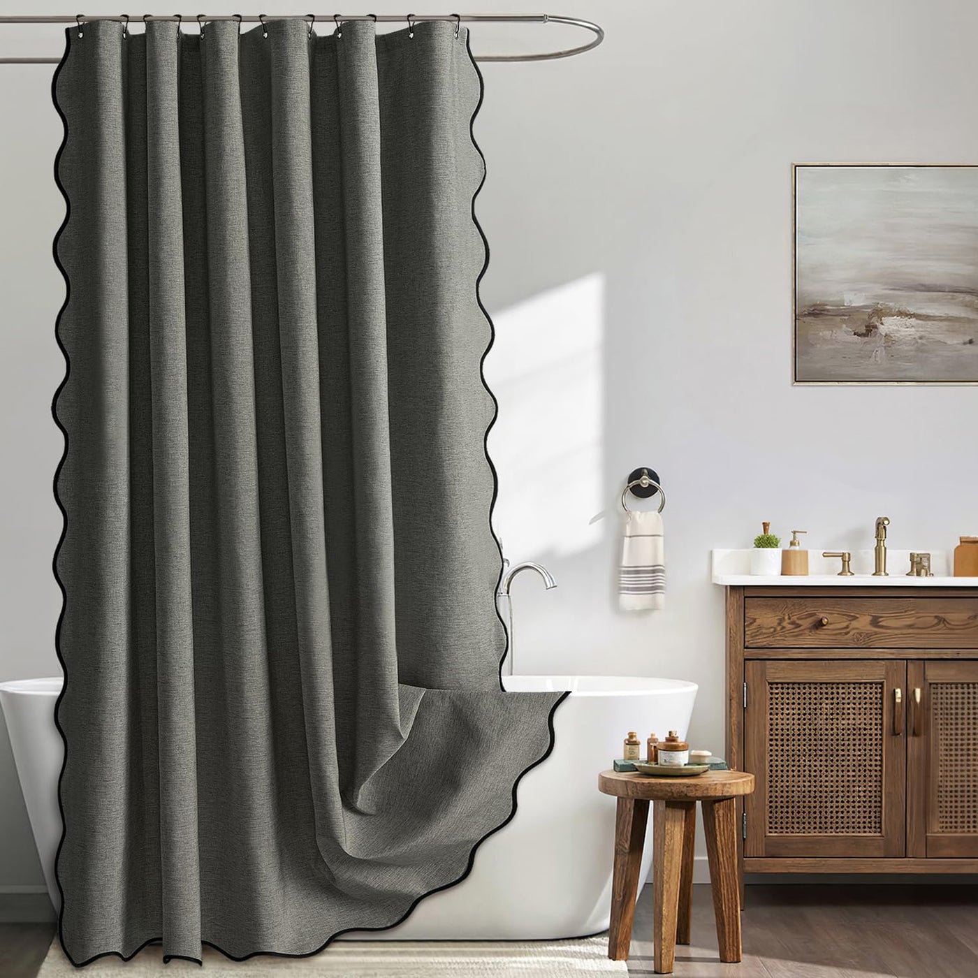 MIULEE Charcoal Grey Scalloped Shower Curtain Linen Textured with 12 Metal Hooks Cute Heavy Duty Washable Waterproof Thick Cloth Shower Curtains with Black Border for Bathroom Hotel Bathtub,W72*L72