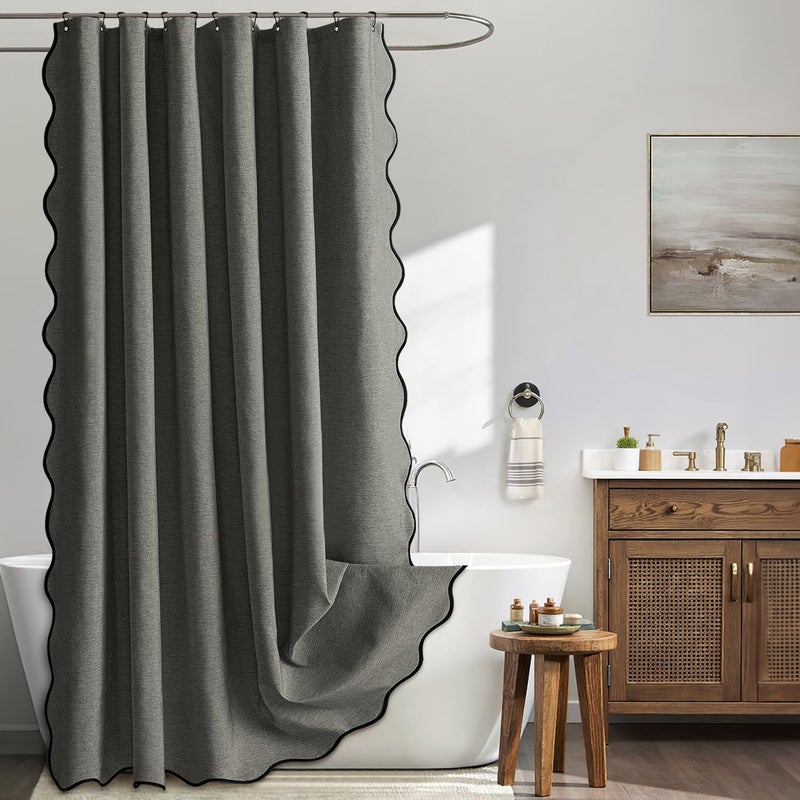 MIULEE Charcoal Grey Scalloped Shower Curtain Linen Textured with 12 Metal Hooks Cute Heavy Duty Washable Waterproof Thick Cloth Shower Curtains with Black Border for Bathroom Hotel Bathtub,W72*L72 - Image 1
