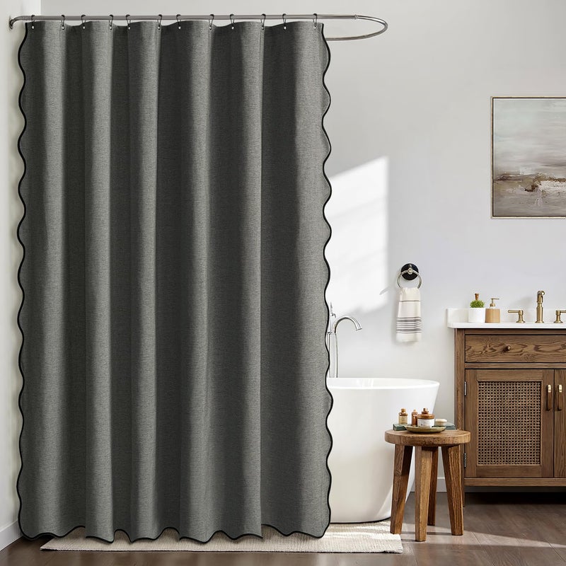 MIULEE Charcoal Grey Scalloped Shower Curtain Linen Textured with 12 Metal Hooks Cute Heavy Duty Washable Waterproof Thick Cloth Shower Curtains with Black Border for Bathroom Hotel Bathtub,W72*L72 - Image 2