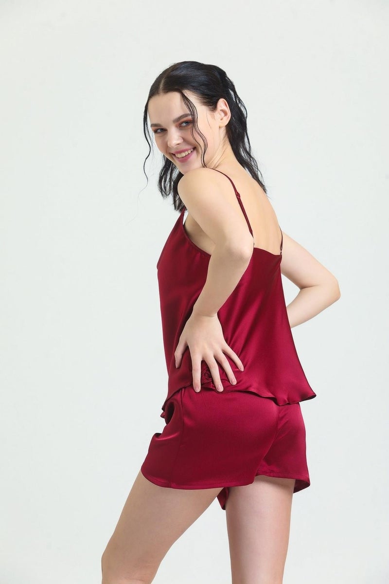 Magic Form 16790 Women's Scoop Neck Crepe Satin Rope Strap Shorts Set - Claret Red  - Image 2