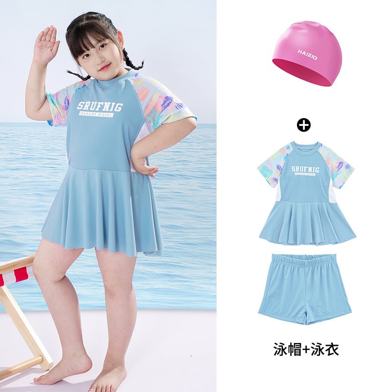 Generic Chubby Girls Swimsuit Big Kids Split Plus Size Chubby Girls Belly Covering Swimsuit Summer New 12 Years Old Swimsuit Swim cap