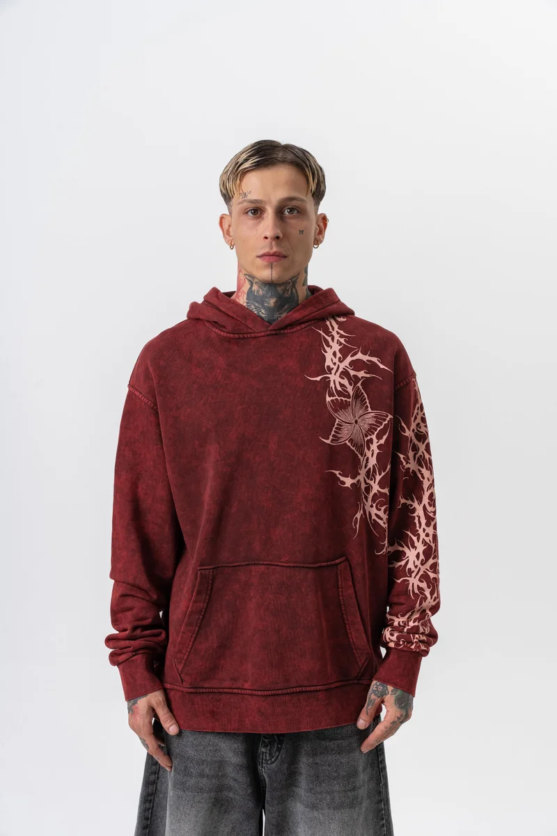 ريسباير هودي رجالي واسع مطبوع بقلنسوة بلون بوردو