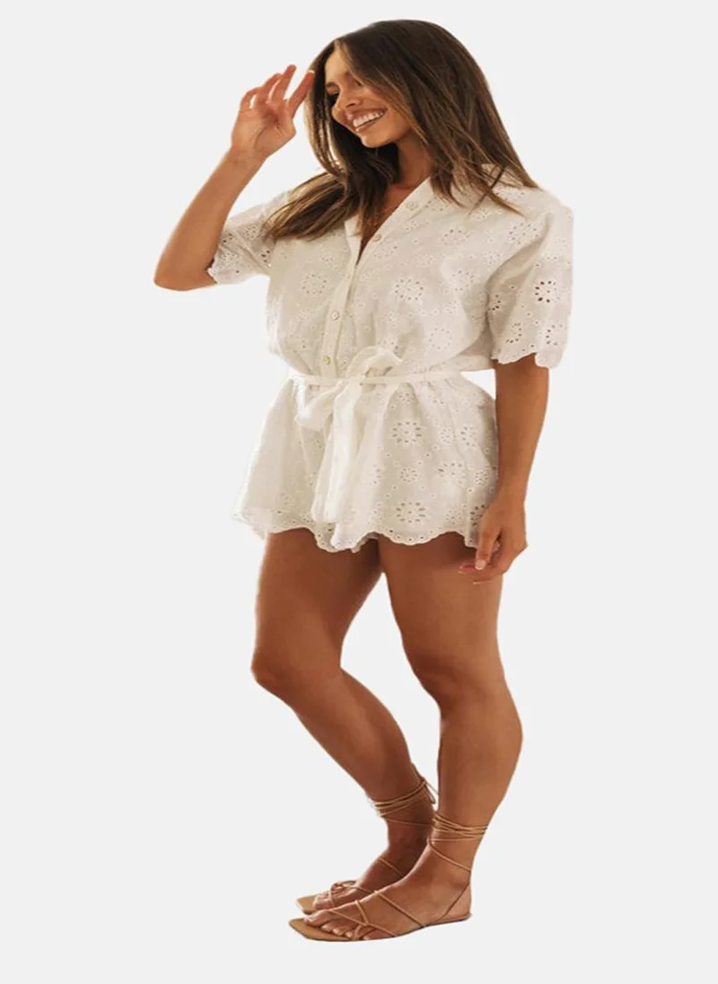YUNIQEE White Self Design Short Sleeves Playsuit