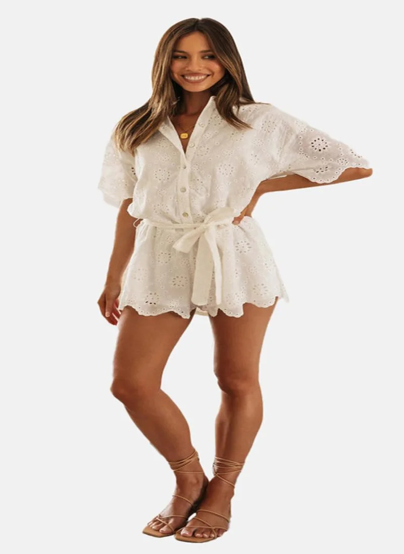 YUNIQEE White Self Design Short Sleeves Playsuit