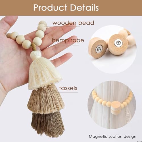 SRG Handmade Magnetic Wooden Bead Curtain Tiebacks 2 PCS | Simple Elegant Magnetic Tassel Curtain Tie Backs | Accessories Wall Decoration | Drapery Tiebacks for Bedroom Window Treatment - Image 3