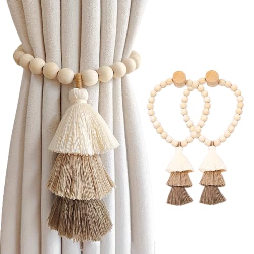 SRG Handmade Magnetic Wooden Bead Curtain Tiebacks 2 PCS | Simple Elegant Magnetic Tassel Curtain Tie Backs | Accessories Wall Decoration | Drapery Tiebacks for Bedroom Window Treatment - Image 1