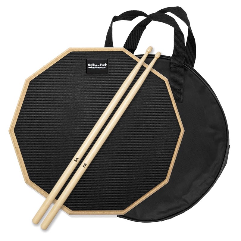 Softline Pro Dumbed 12-Inch Drum Practice Pad (10-Corner Design) | Double-Sided Silicone Rubber Pad with Carry Bag & 5A Maple Wood Drumstick - Image 1