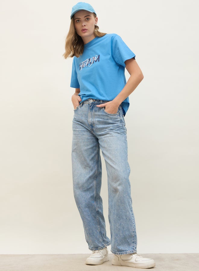 Styli Embroidered Slogan Boxy Fit Round Neck T-Shirt  - Image 1