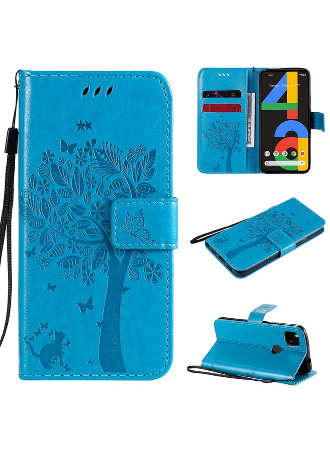S-TOP Case For Google Pixel 4a 4G Tree & Cat Embossed Pattern Horizontal Flip Leather Case with Holder & Card Slots & Wallet & Lanyard - Image 1